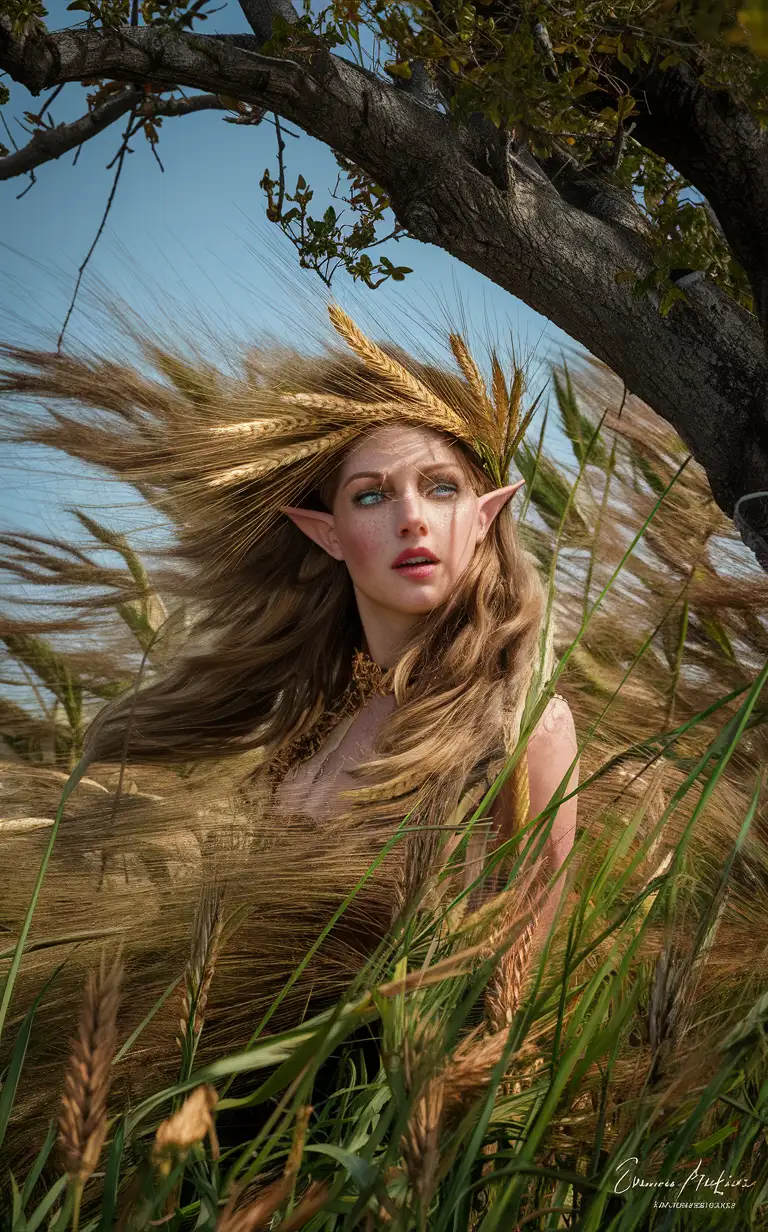 creative award-winning photoghaphy of mystical Blowing Grasses in may, female elf goddess with wheat wreath and pointy elf ears. An image from a trip of the strong winds and bright light. I made this using the shade of the branches of an old hawthorn tree and a polariser to slow the shutter. Canon EOS 30D 18.0-50.0 mm