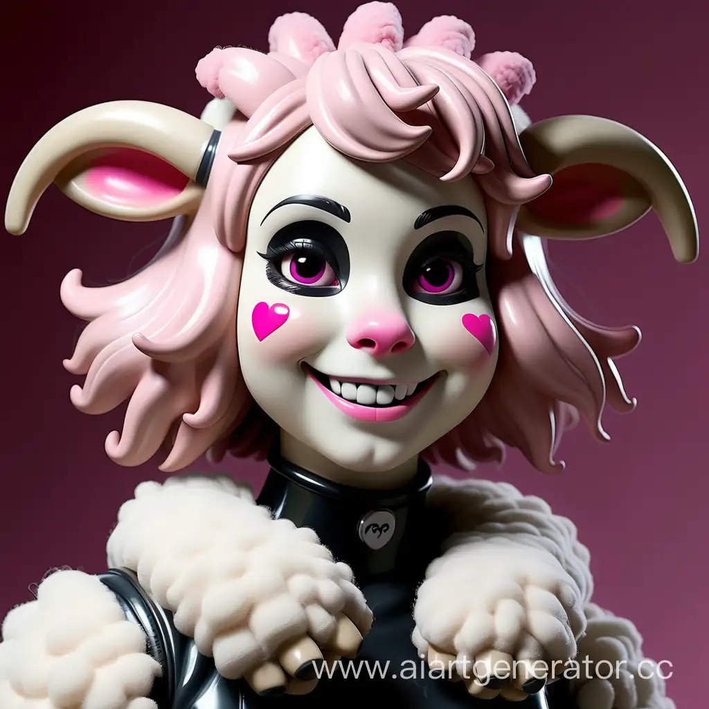 Латексная девушка фурри с мордой овечки с белой резиновой шерстью и черной резиновой кожей, с розовыми сердечками на щеках и улыбка на лице