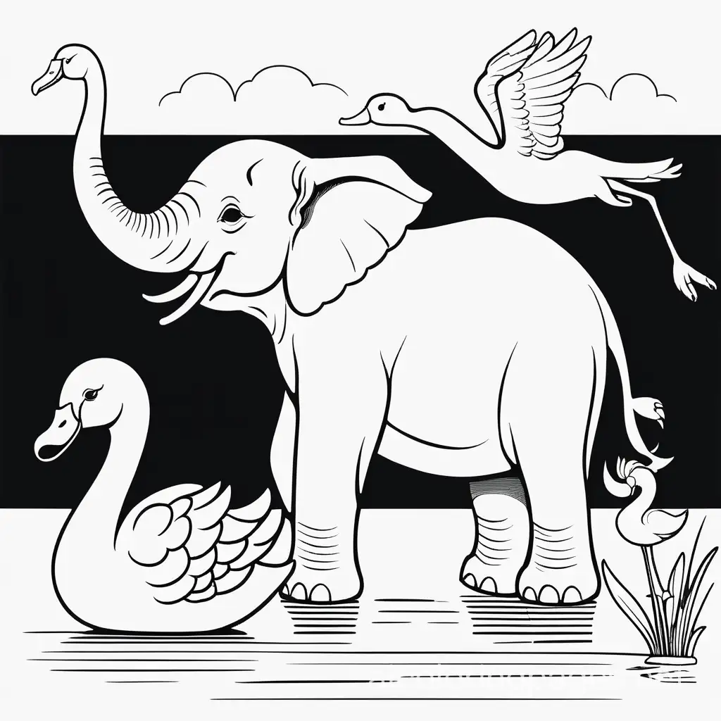 elephant with a swan, Coloring Page, black and white, line art, white background, Simplicity, Ample White Space. The background of the coloring page is plain white to make it easy for young children to color within the lines. The outlines of all the subjects are easy to distinguish, making it simple for kids to color without too much difficulty