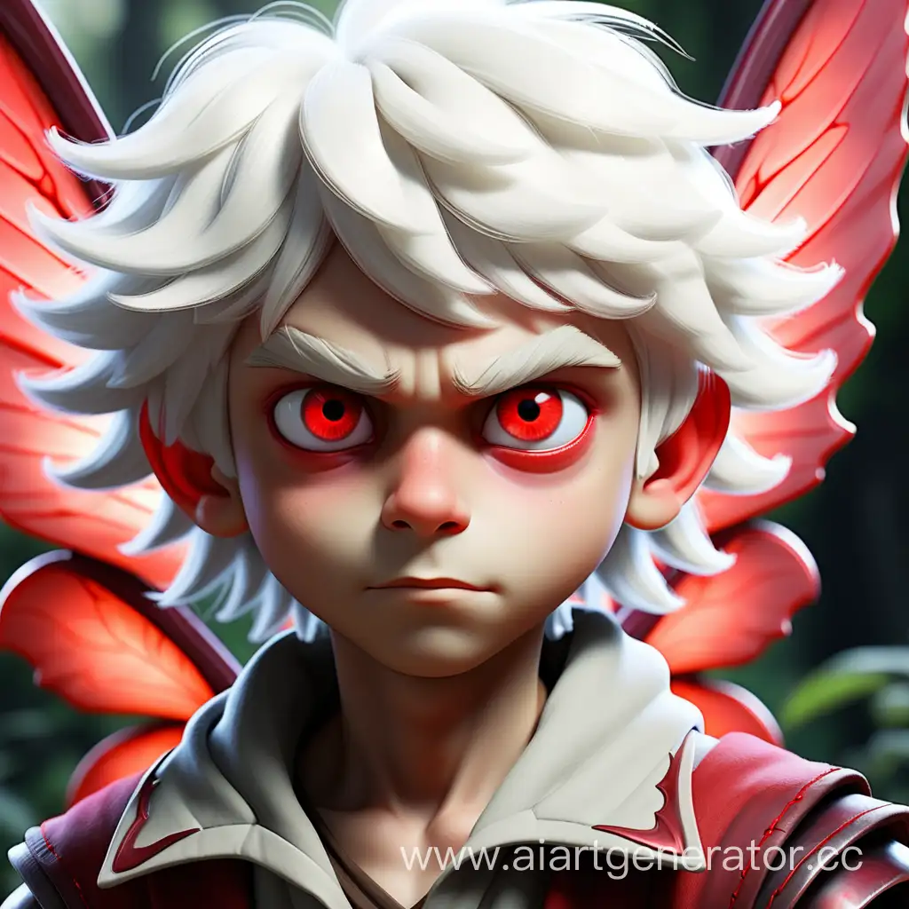 boy with white hair and bright red eyes with red fairy wings