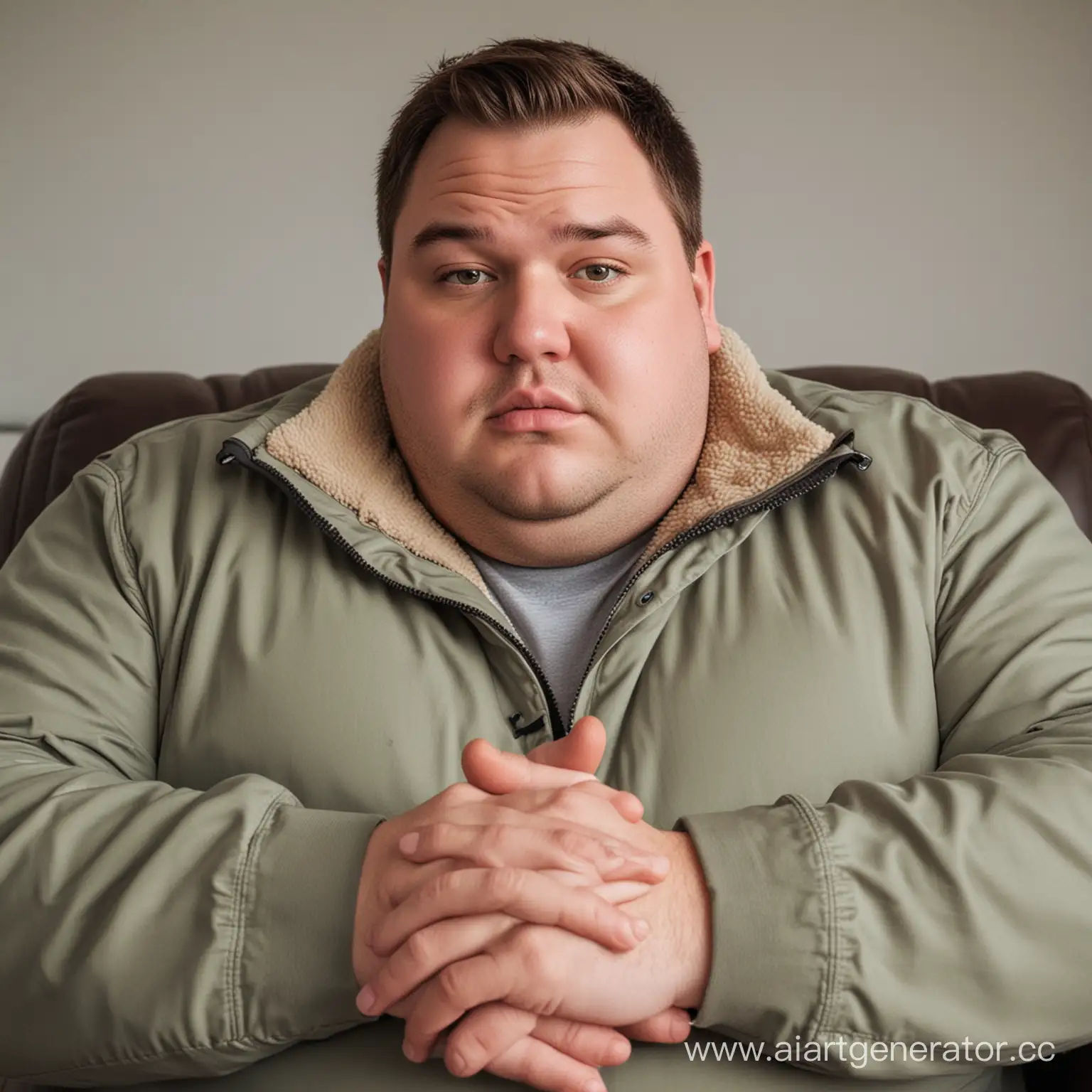 близко жирный мужик и смотрит в камеру в пиджаке сидит на стулье