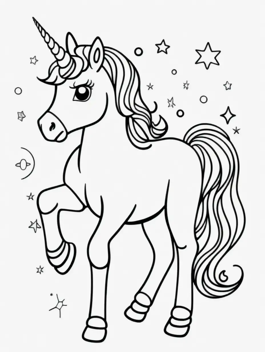 b/w outline art for kids coloring book page: unicorn in the space themed (((((white background))))). Only use outline, cartoon style, line art, coloring book, clean line art, no shadows