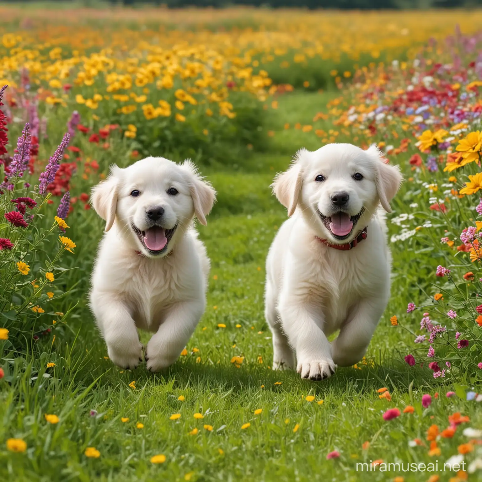 two white golden retriever puppies are running on a green meadow full of colorful flowers