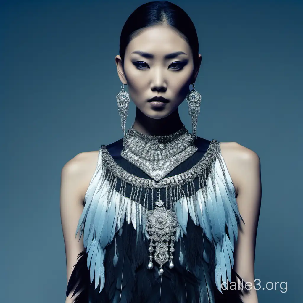 Close up pale Asian model black feather dress silver and white jewellery. Blue hues, dark image. Long fringe in front of body. Silver Jaw attachment