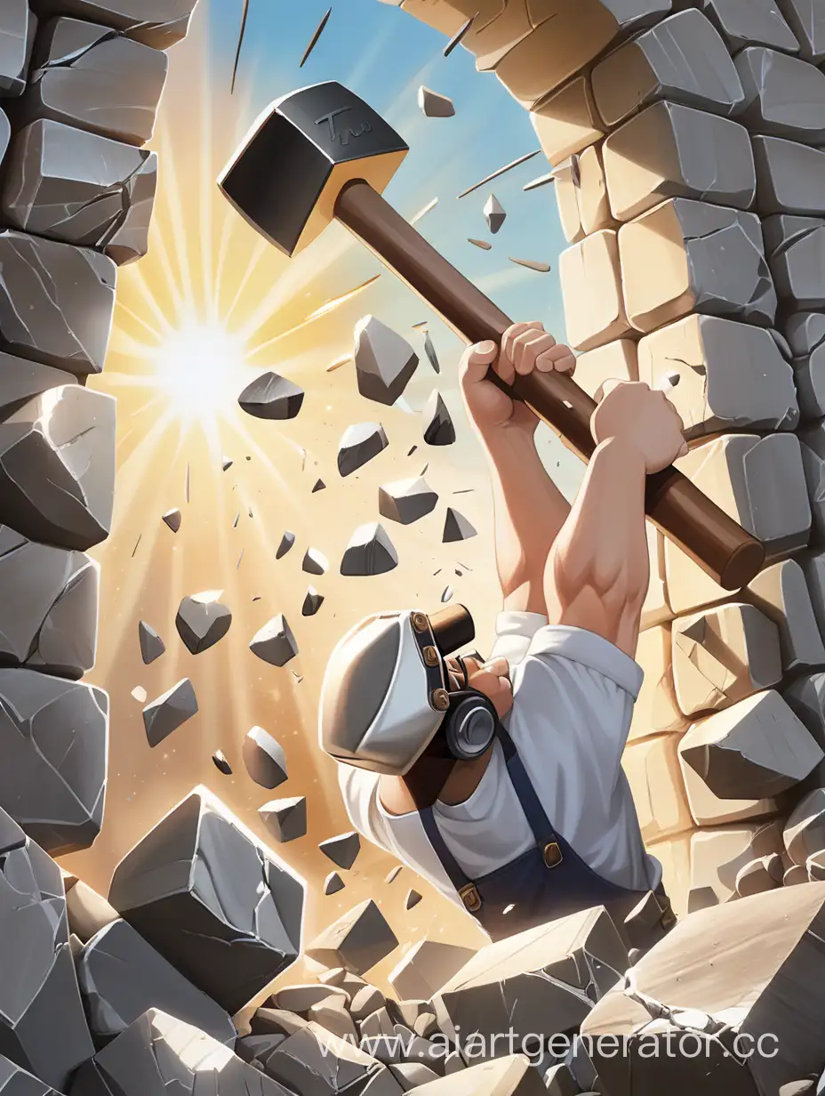 A wall of stones, a clock on the wall, strong hands smashing a wall with a sledgehammer, a sunny day can be seen behind a broken wall.
