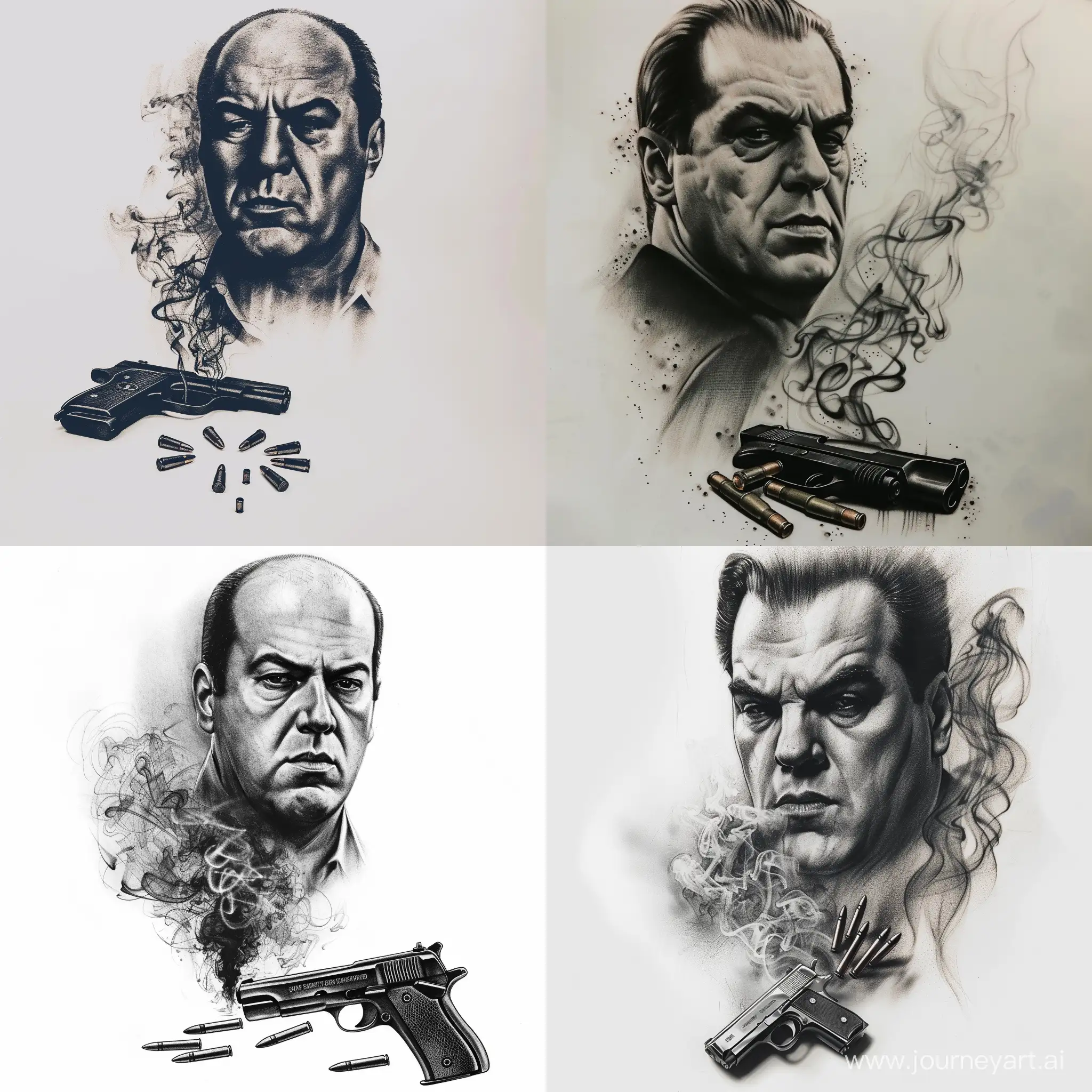black and gray tattoo style, tony soprano portrait, a pistol and three bullets under the portrait, gun smoke rises up in front of the portrait, white background , no skin