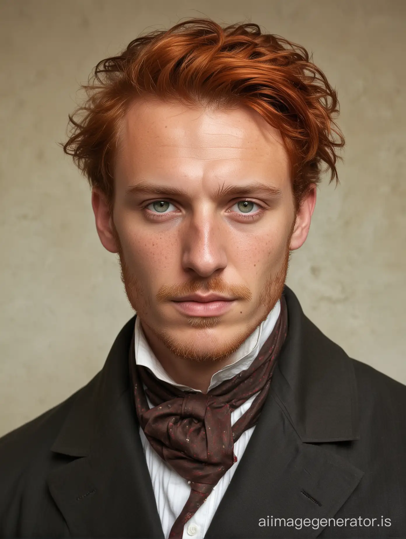 A man with fiery red hair, styled in a classic 19th-century fashion. His hair might be slightly tousled, reflecting a rugged charm. His complexion is likely olive-toned, typical of someone from the Mediterranean region, with perhaps a hint of sun-kissed freckles across his nose and cheeks. His eyes are deep and expressive, perhaps a shade of brown, hazel or black, reflecting both warmth and intensity.

For his attire, think of traditional Neapolitan clothing from that era. He might wear a tailored suit, possibly in a rich, earthy color like brown or olive green, with a crisp white shirt underneath. A stylish cravat or ascot tied neatly at his neck adds a touch of refinement. His ensemble might be completed with polished leather shoes. He's an anarchist and freedom fighter, often had clashes with the police and state. He sports beautiful muttonchops.

The picture should resemble a 19th-century photograph.