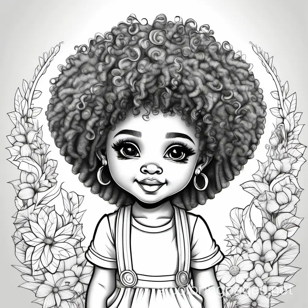 """""60k kintricately rendered, with detailed face, african american baby girl unicorn with afro curly hair grayscale color . cotton hair chibi —q 2 —v 4 beautiful  studio lights"", Coloring Page, black and white, line art, white background, Simplicity, Ample White Space. The background of the coloring page is plain white to make it easy for young children to color within the lines. The outlines of all the subjects are easy to distinguish, making it simple for kids to color without too much difficulty