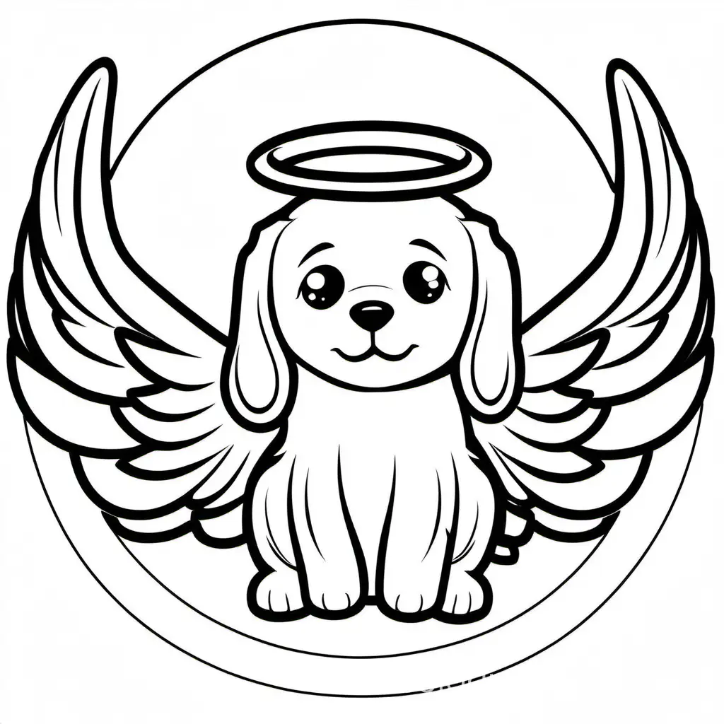 shitzu dog with a halo on his head and angelwings, Coloring Page, black and white, line art, white background, Simplicity, Ample White Space. The background of the coloring page is plain white to make it easy for young children to color within the lines. The outlines of all the subjects are easy to distinguish, making it simple for kids to color without too much difficulty