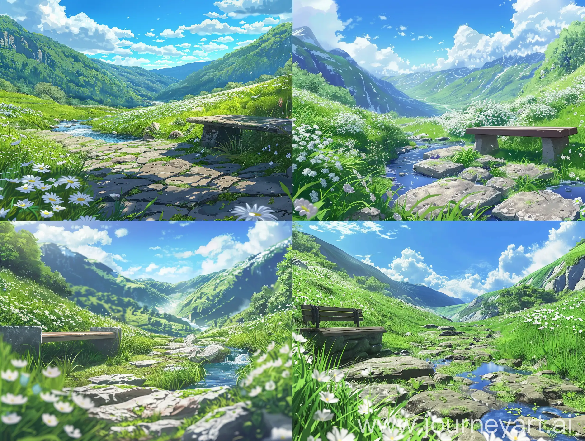 Tranquil-Valley-Stream-and-Nature-Scenery-Mokoto-Shinkai-and-Ghibli-Mix-Inspired-Anime-Landscape