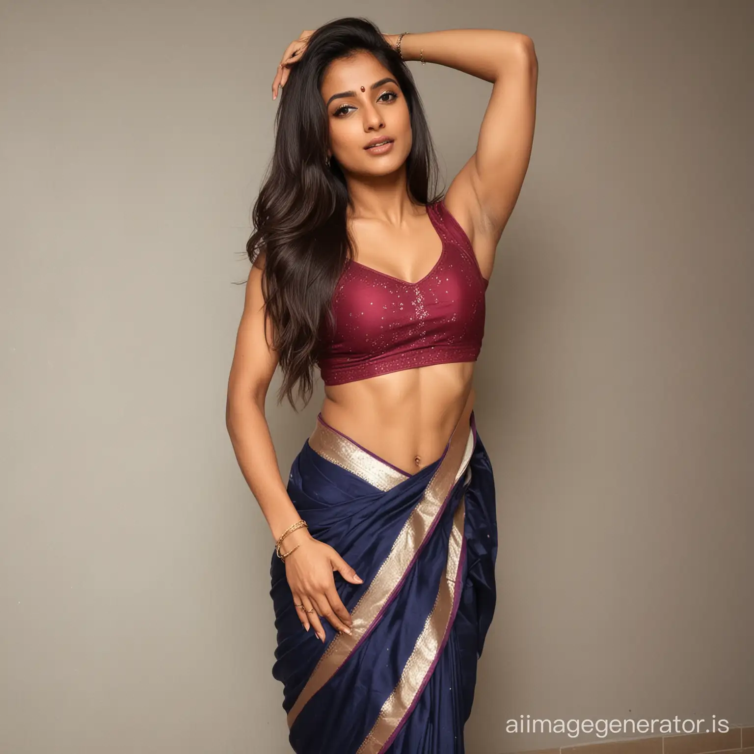 Indian-Girl-in-Traditional-Sari-with-Toned-Abs-and-Long-Flowing-Hair