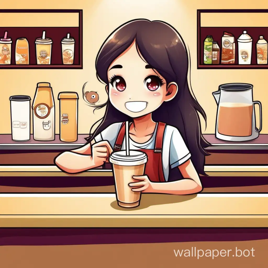 Create a cartoon illustration of a girl holding a milk tea