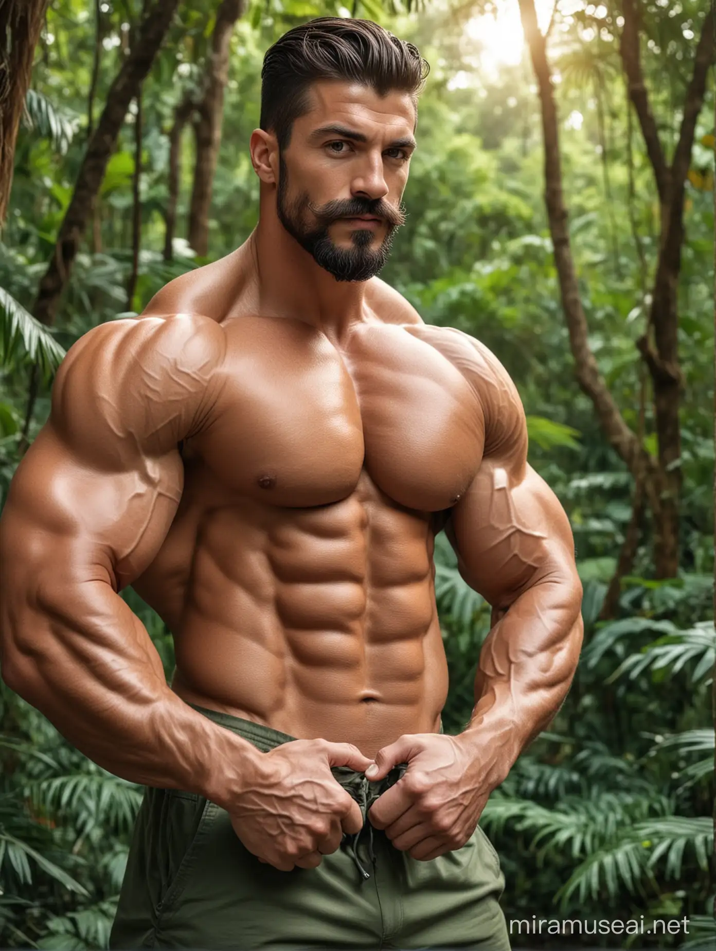 Tall and handsome bodybuilder men with beautiful hairstyle and moustache with beard and Big wide shoulder and chest and showing his big biceps in jungle 