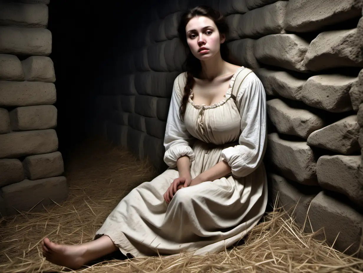  a busty slim peasant woman (25 years old, barefoot) sit on hay in the corner of a dungeoncell (Stone walls, 1600's) in dirty white longsleeve sackdress, head-to-knee view, they are sad and desperate