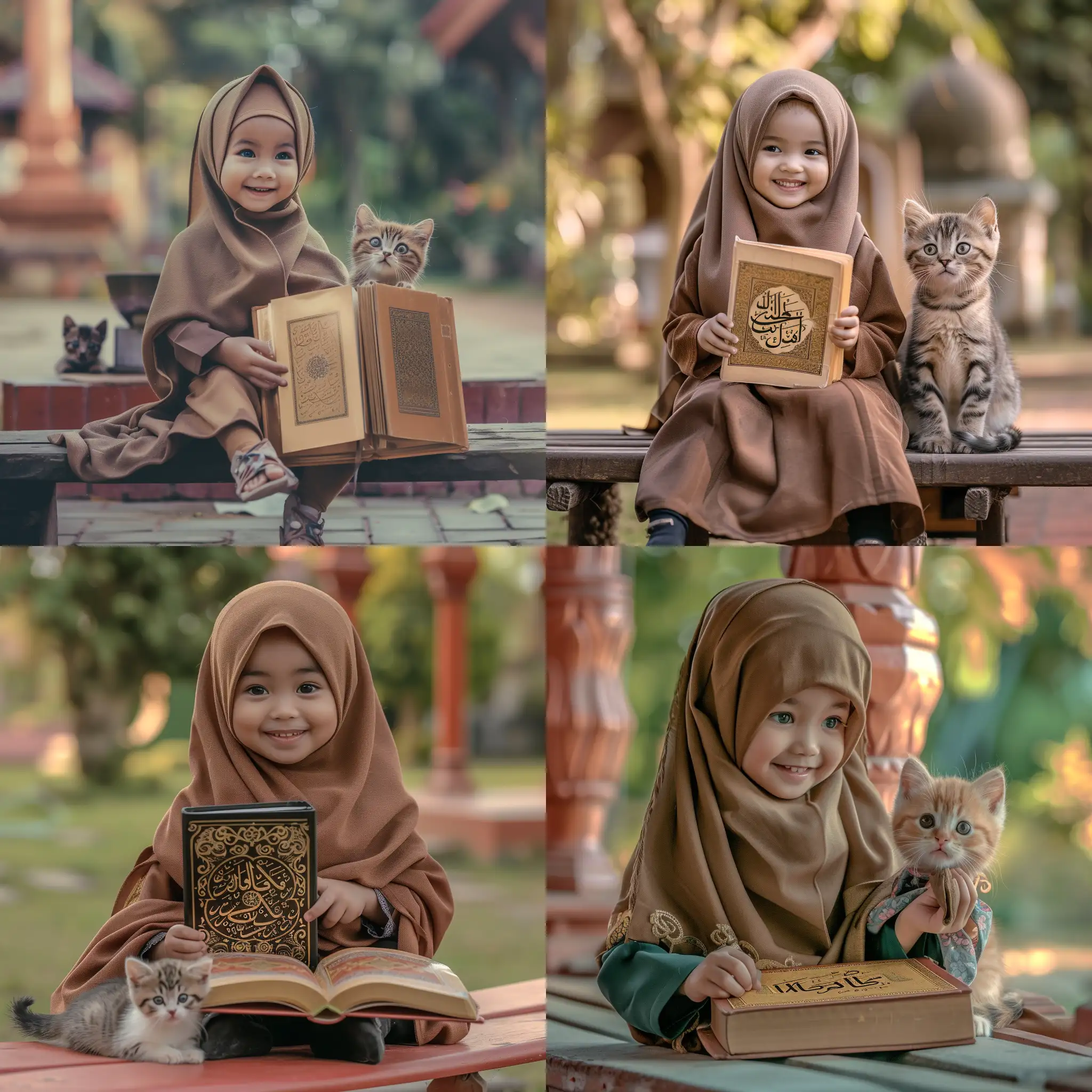 Asian, Indonesian little girl, 6 years old, cute, wearing a soft brown hijab, sitting on a bench in the yard of a mosque, seen holding the Al-Quran, beside seen cute  kitty, smiling sweetly, HDR, 16k, full body photo, hyperdetailed,