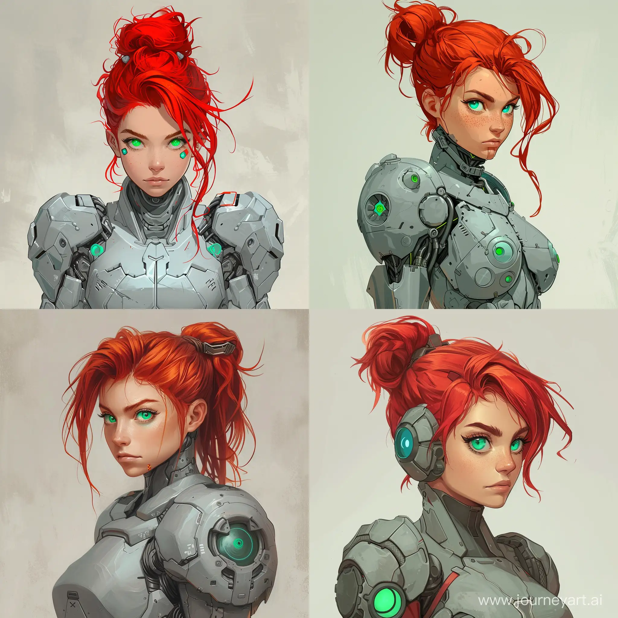 Рыжая девушка с бирюзовыми и зелёными глазами, волосы собраны в один пучок, в бионическом сером доспехе, стиль аниме
