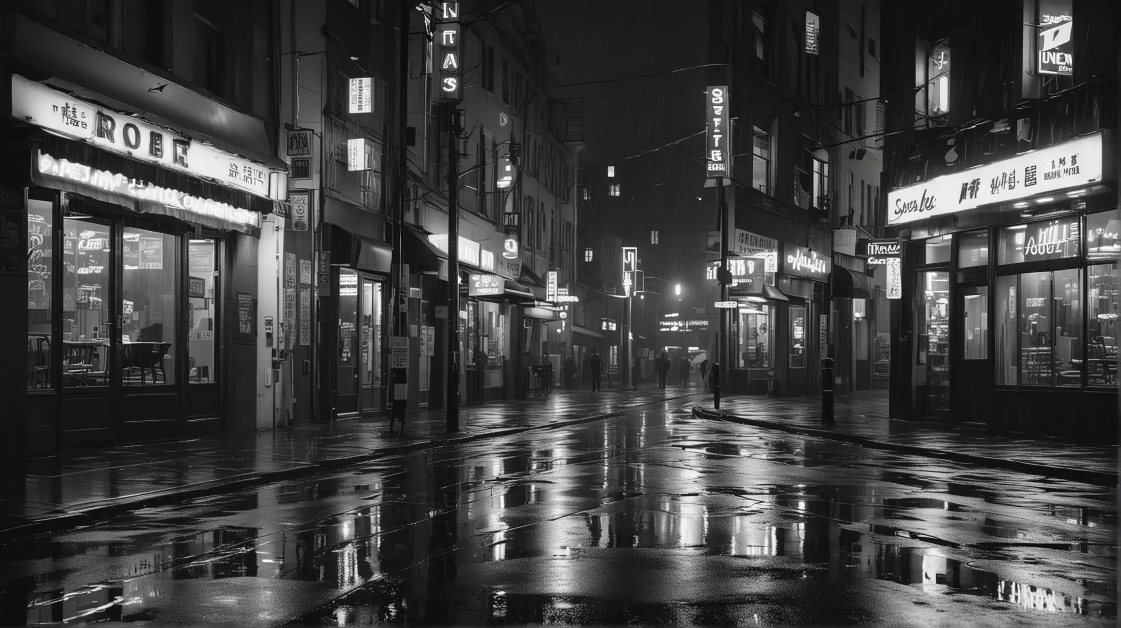 Monochrome Neon Signs in a City, Rainy Night, Light Reflected by Rain