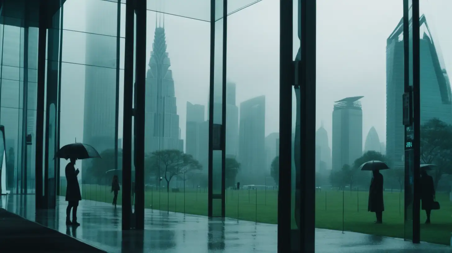 Futuristic City Park Rainy Day Glimpse Through Glass with Film Noir Mood