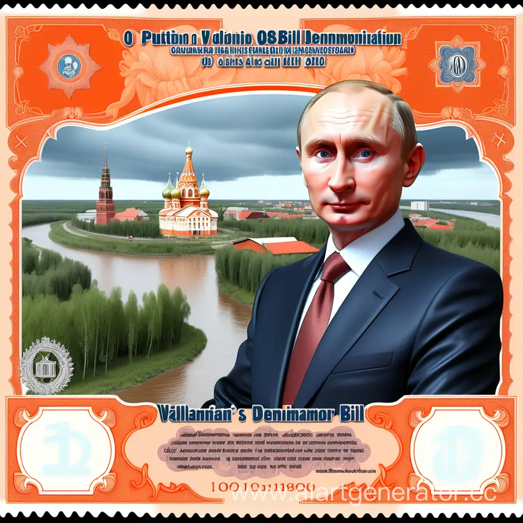 NBOS-Banknote-with-Vladimir-Putin-Portrait-Overlooking-Russian-Village-and-River-in-Orange-Hue