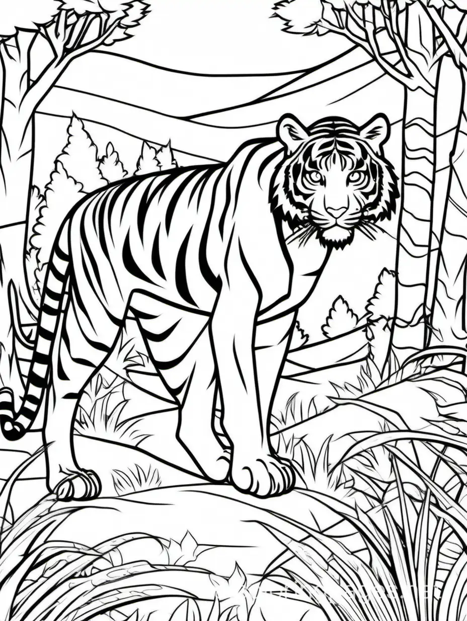 Tiger hunting a deer, Coloring Page, black and white, line art, white background, Simplicity, Ample White Space. The background of the coloring page is plain white to make it easy for young children to color within the lines. The outlines of all the subjects are easy to distinguish, making it simple for kids to color without too much difficulty