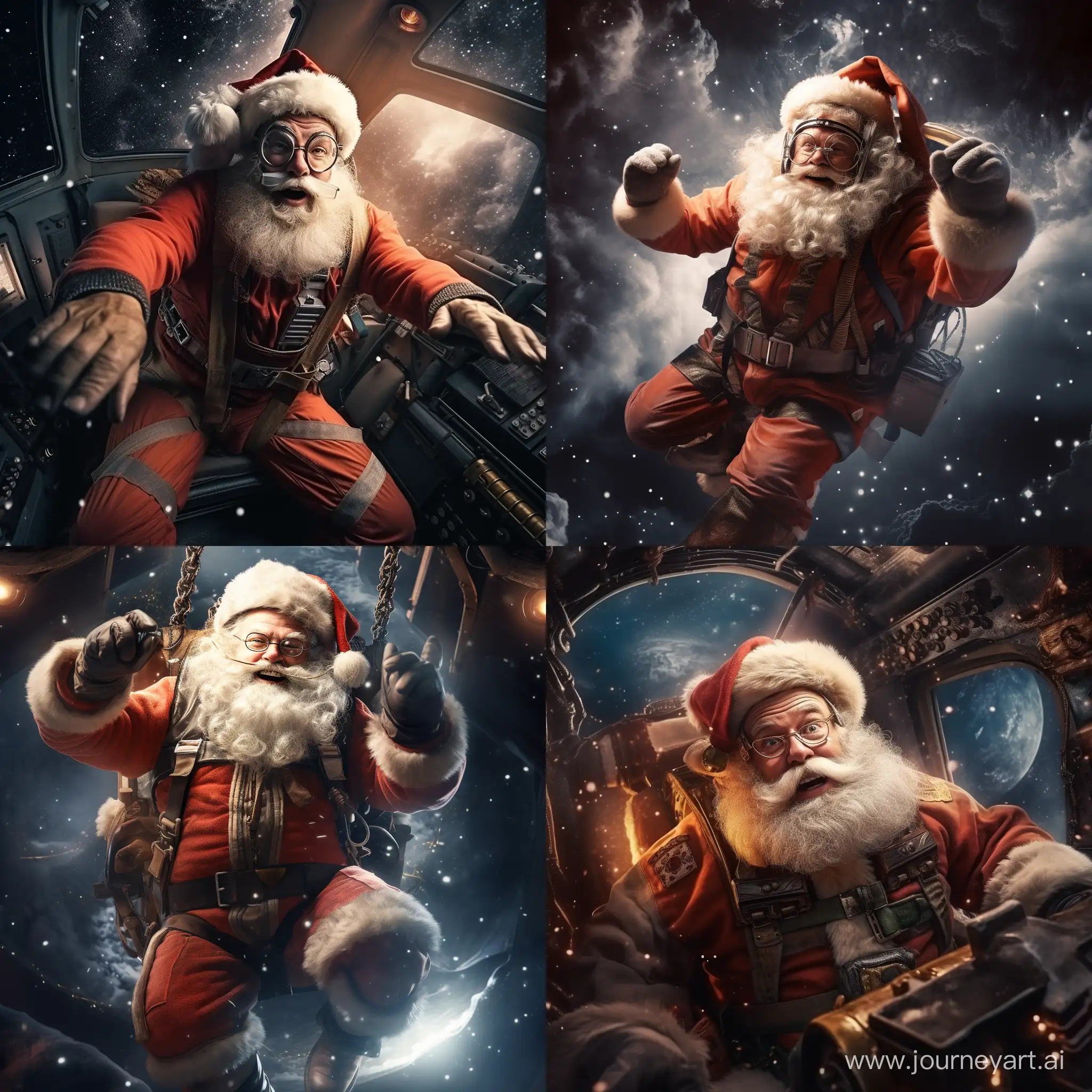 the pilot on the closet is flying across the Galaxy, with the staff of Santa Claus, realistic photo, 