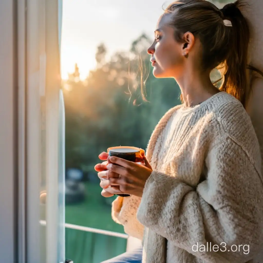 Morning Bliss Girl Savoring Coffee with Sunrise View | Dalle3 AI