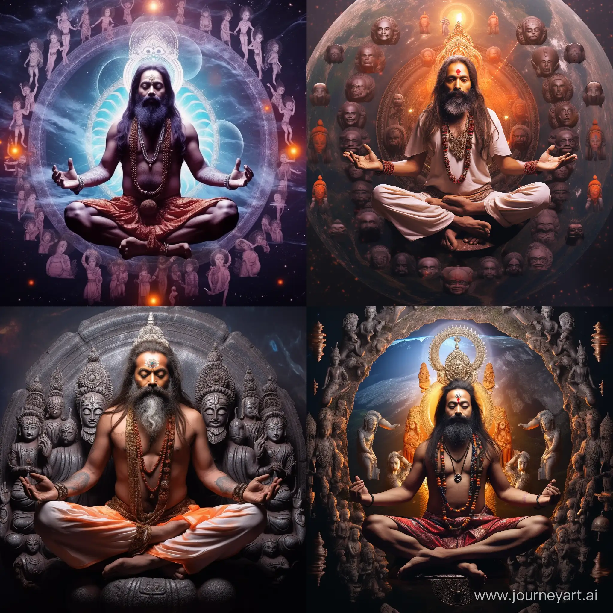 Indian god Shiva there is a bearded with four arms sitting cross-legged in a cosmic setting. He is surrounded by multiple heads and planets.