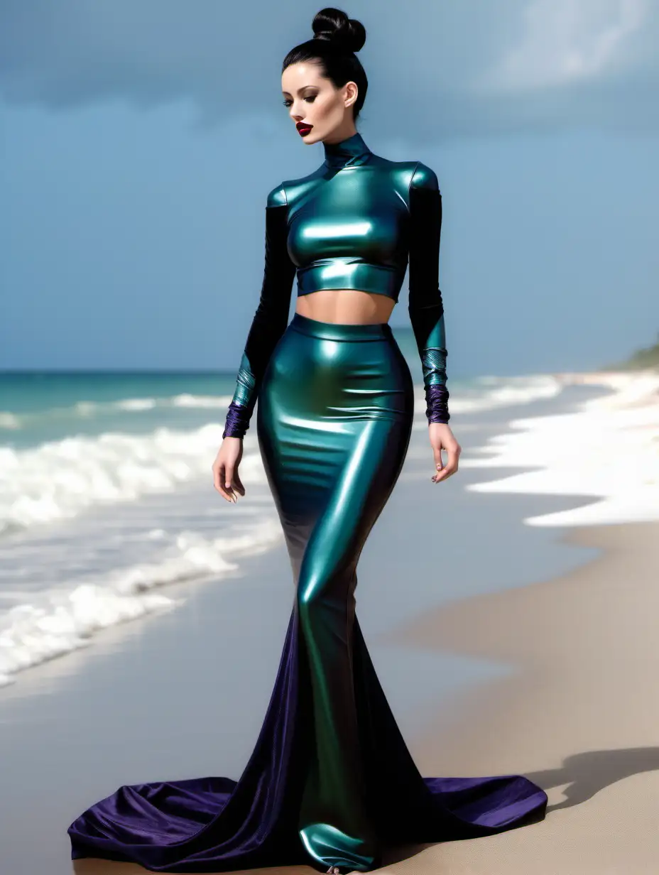 Elegant Latex Velvet Fashion Model in Metallic Tropical Gown on Beach