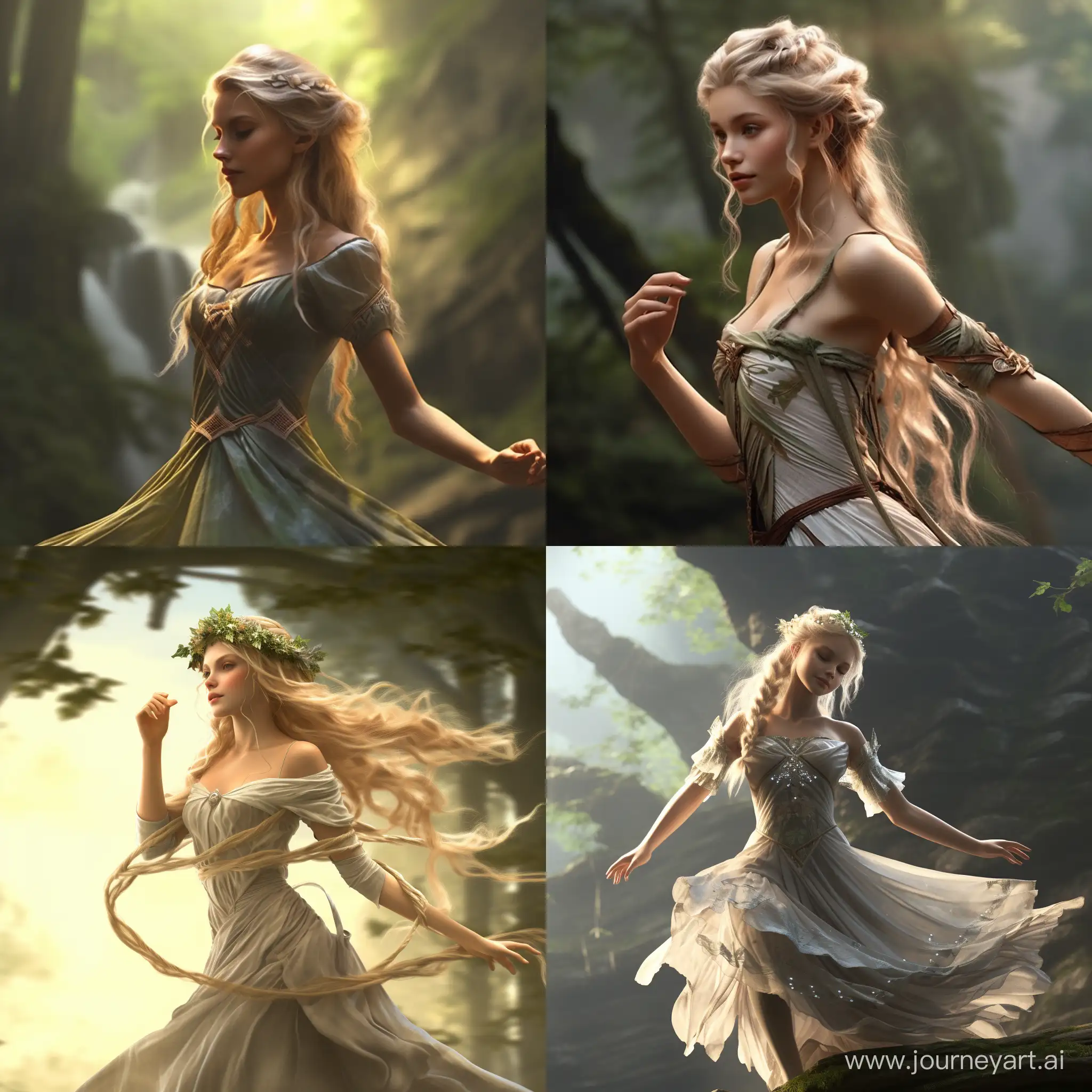Dancing elf girl from Middle Earth, inspired by J.R.R. Tolkien's works, is characterized by ethereal beauty, pointed ears, and a slender frame. Elves are skilled in archery, magic, and possess an ageless grace. They often wear elegant, nature-inspired attire, and their connection to the environment is reflected in their harmonious and timeless demeanor.