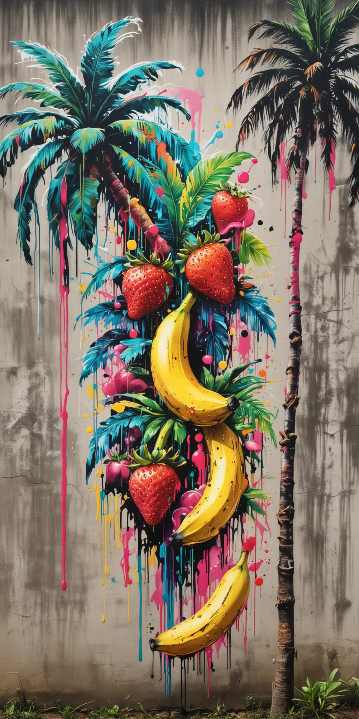 80's graffiti tropical bananas and strawberries and palm trees
paint drips