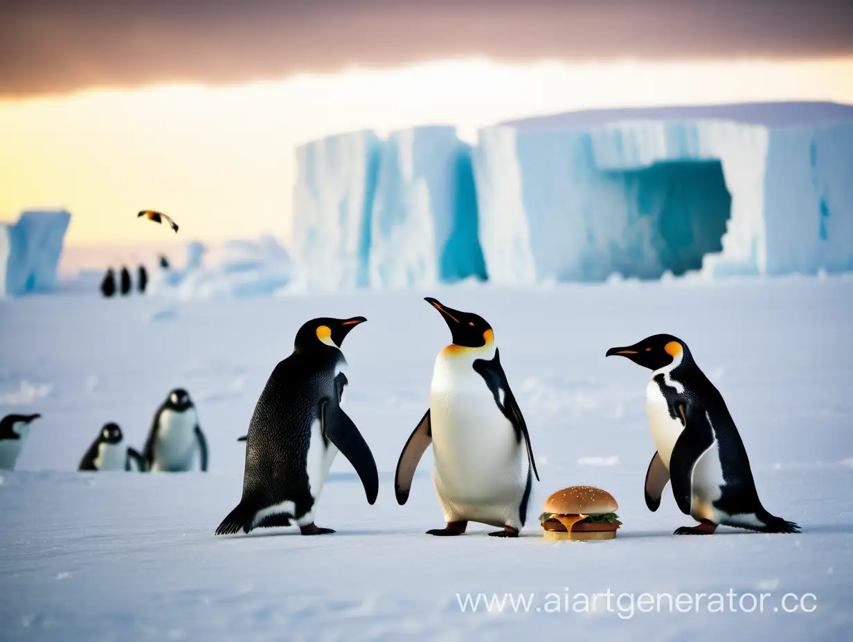 пингвины в антарктиде с бургером 
