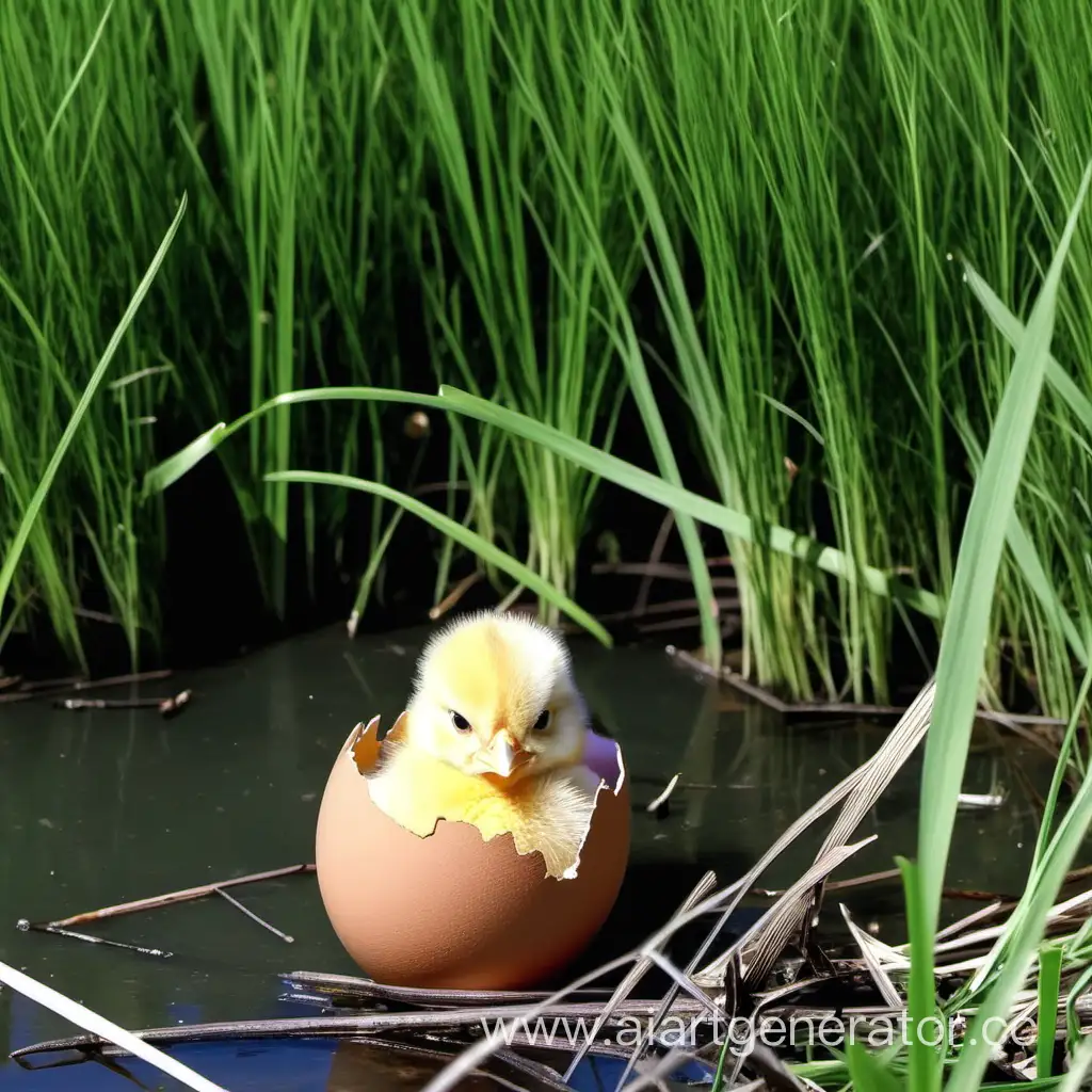 разбитое яйцо, рядом цыпленок, трава, озеро