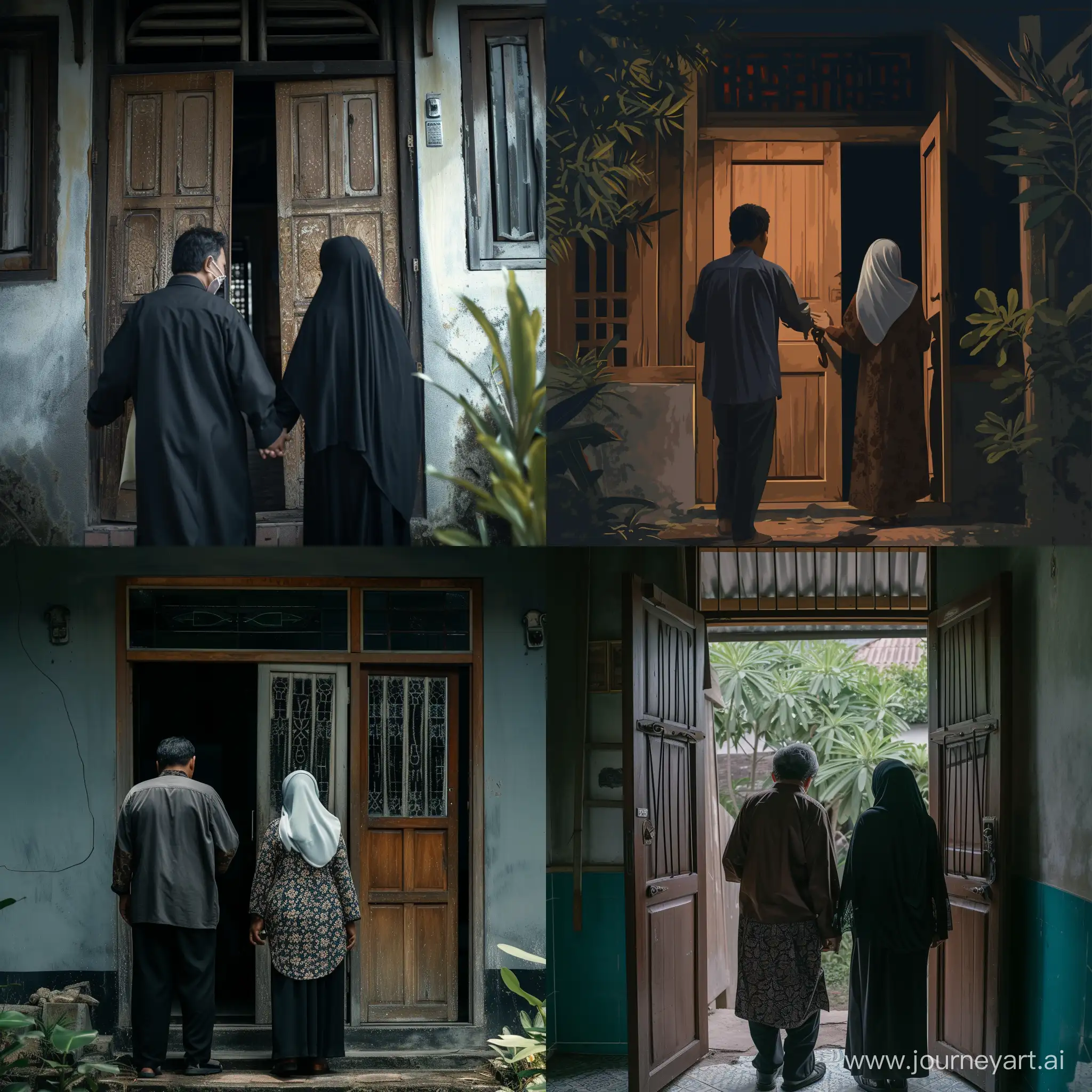 An Indonesian man and woman wearing a hijab open the door of a simple house, from behind view, horror movie scene