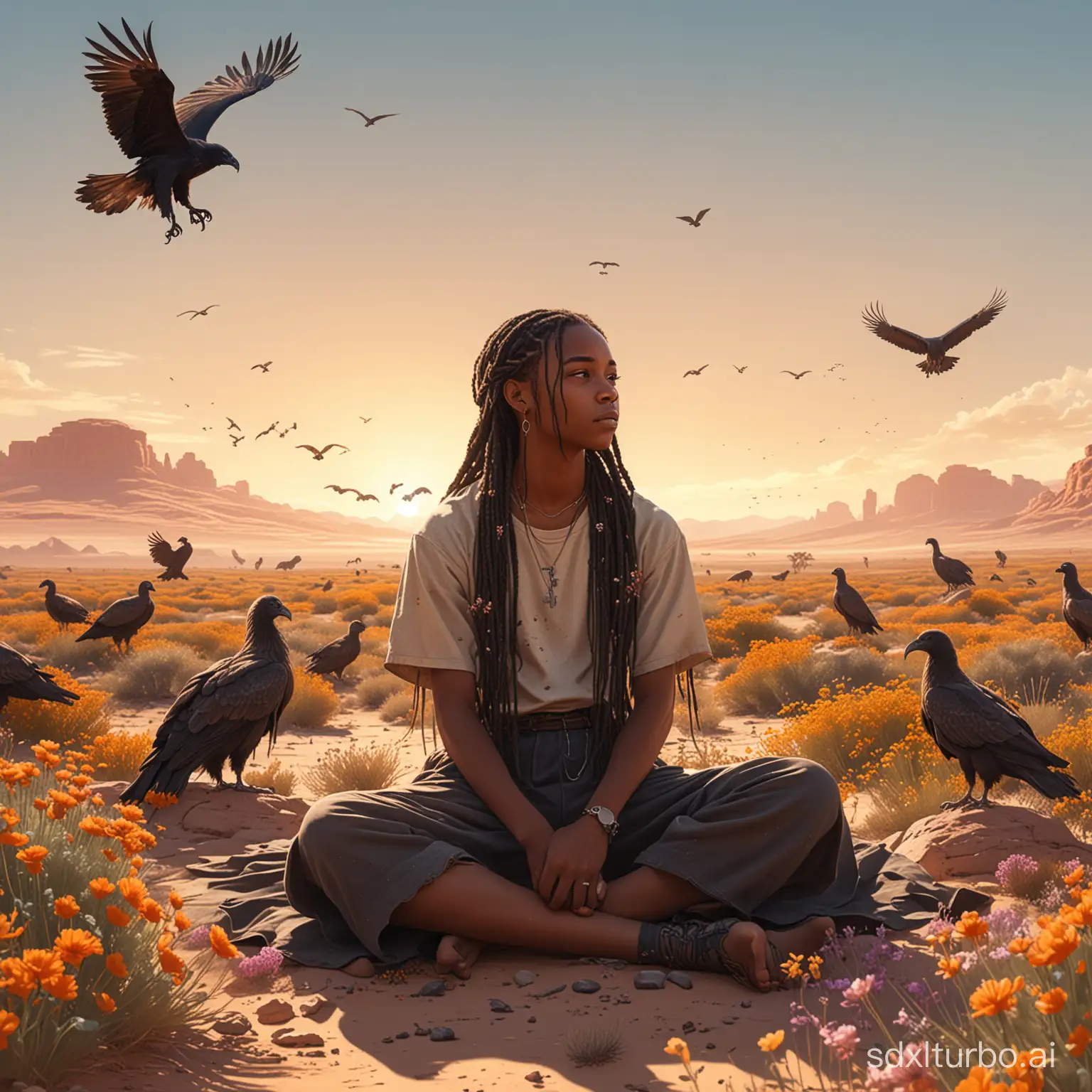 Full body portrait of a black teen with long braids, sitting on a patch of grass and flowers in the middle of a desert, vultures circling in a clear sky, very sunny, warm colors, concept art