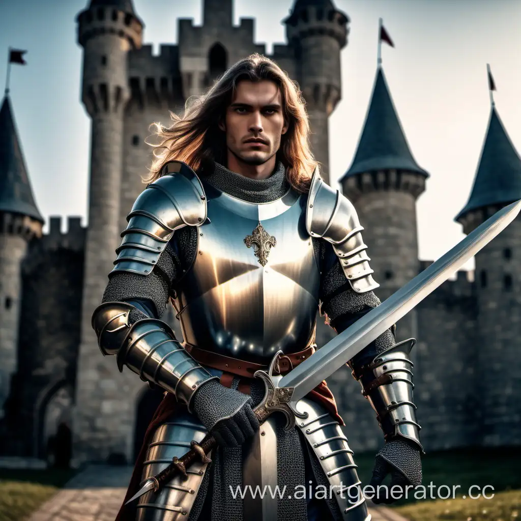 рыцарь в доспехах с мечом, держащим его двумя руками с очень длинными и красивыми волосами на фоне замка