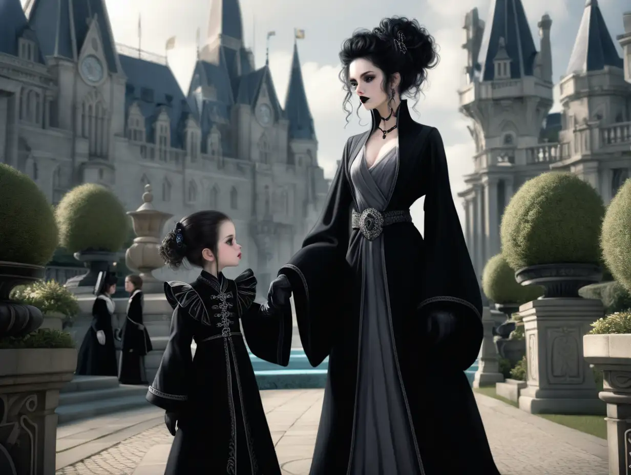 Enigmatic Royalty in the Grand Garden BlackRobed Mother and Daughter