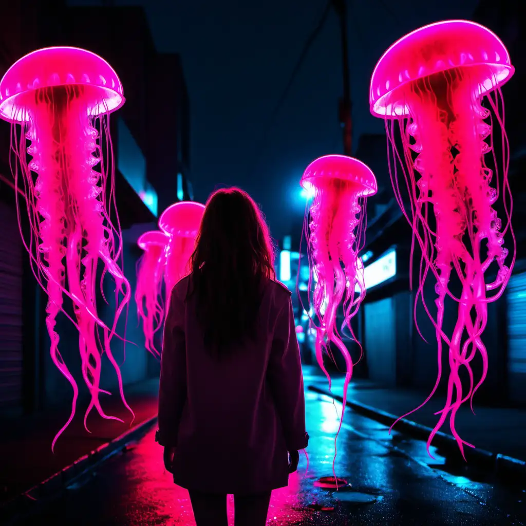 Lonely Night in Neon City with a Soulful Touch Pink Girl and Jellyfish