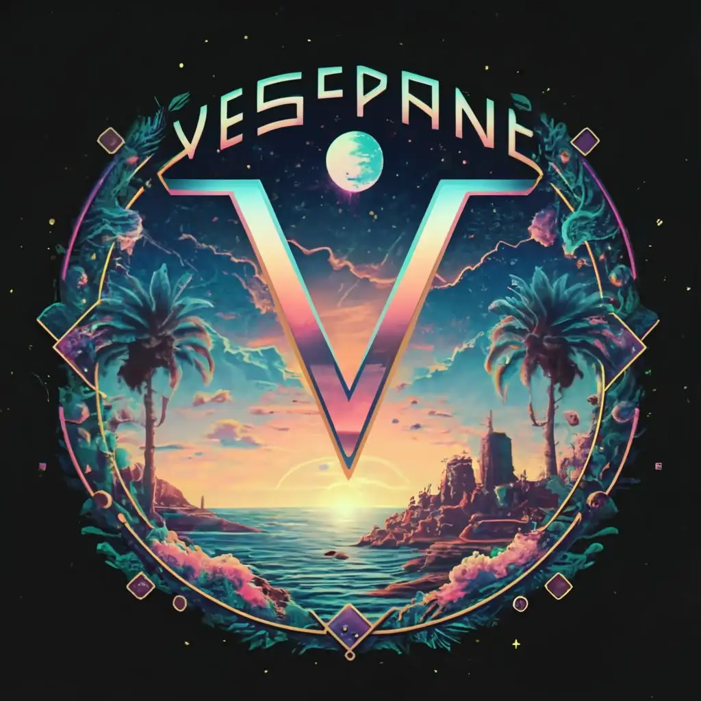 Logo, synthwave style, letter V in the center with drop shadow, sunset in the background, stars in the sky, palm trees, and Greek ruins, jungle border, in a rectangle, with the text "Vespertine", typography, to be used in the entertainment industry