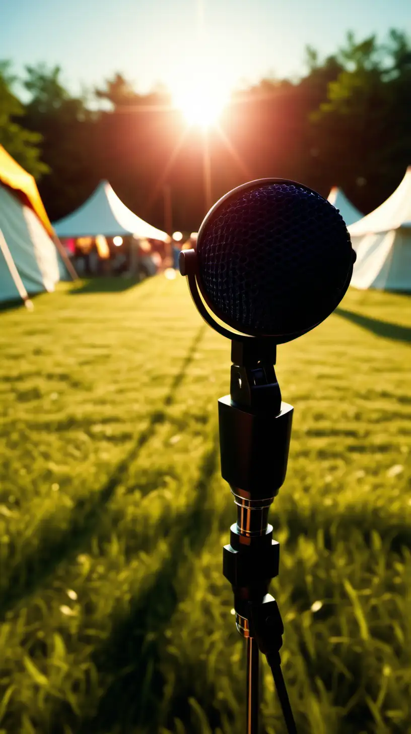 /imagine prompt: A dynamic shot of a professional microphone on a stand, in the midst of a vibrant, green field at sunset. The field is wide and welcoming, with eclectic tents scattered in the soft-focus background. The setting sun casts dramatic lighting, emphasizing the microphone's silhouette and the playful shadows on the field. Created Using: Dynamic angles, sunset lighting, vibrant colors, playful shadow play, depth of field effect, eclectic tent designs, energetic atmosphere --ar 16:9 --v 6.0
