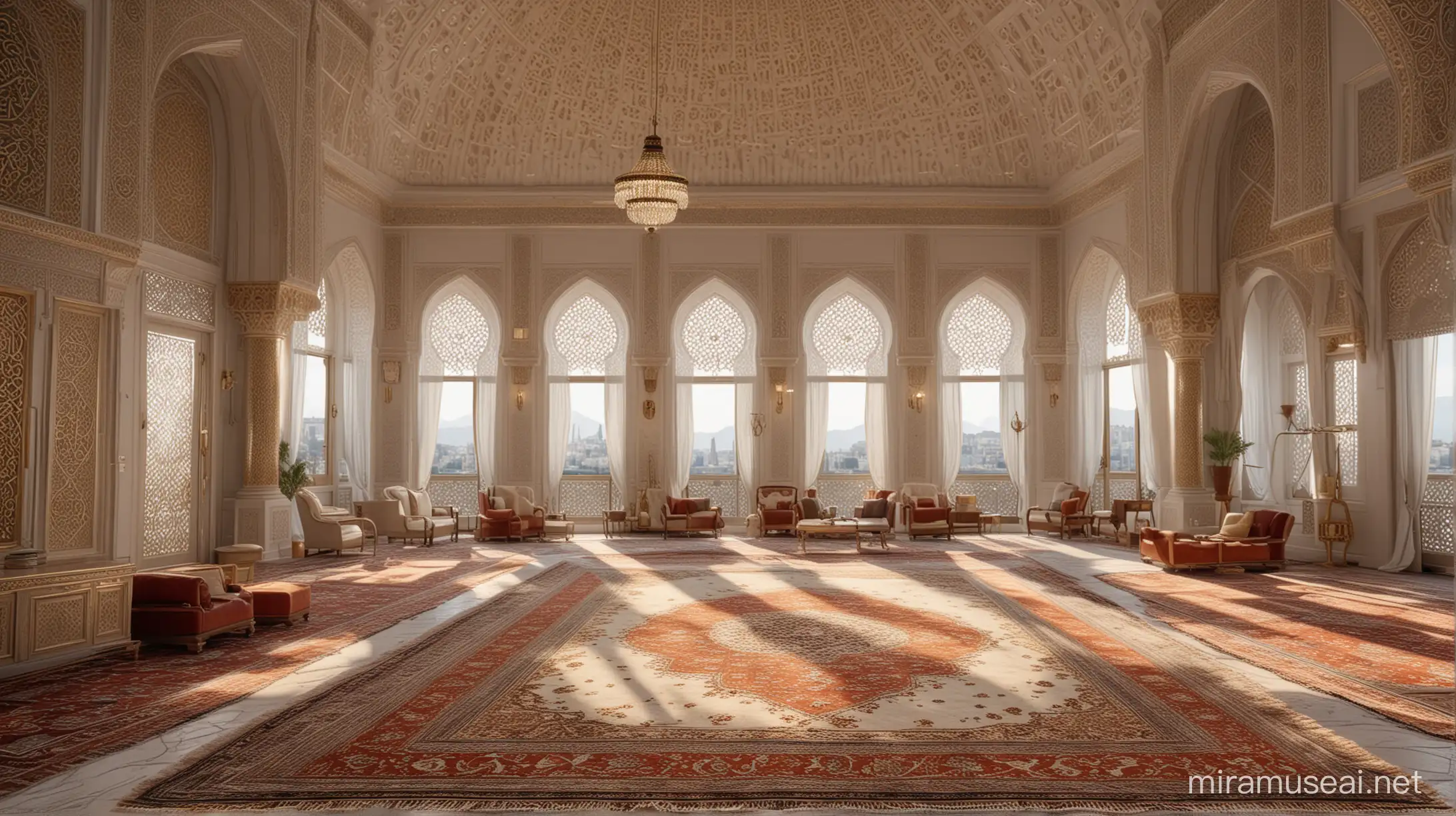 Elegant appearance of a large mosque thanks to its large floor-to-ceiling windows, simple white furniture with gold embroidery decorated with high-end traditional Turkish motifs, a modern room that contributes to the atmosphere of sophistication and elegance, and inside, a genuine Muslim, a few cheerful cute men with beards and robes in turbans with Turkish motifs. They are sitting on the carpets and reading the Quran. CanonEOS 5D Mark IV DSLR, 85 mm lens, sharp focus, intricate details, long exposure, f/2, ISO 100, shutter speed 1/125, diffused backlight, award-winning photography, monovision, excellent contrast, high sharpness, facial symmetry, depth of field, ultra detailed photography, ray tracing, global illumination, smooth, ultra high resolution, 8k, unreal engine 5, ultra sharp focus, award photography.