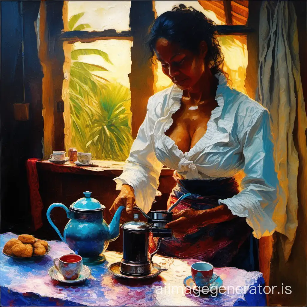 Ilya Repin style vivid impasto thick oil paint using palette knife abstract Expressionism, a maid pouring coffee from a French-press coffee maker into a cup. The cup is on a table. She is Indonesian Java Island village 45yo beautiful woman, smoking, bronze skin, messy wavy hair, voluptuous curvaceous toned abs in batik sarong wrapped knotted at hip, in white button up stringer tank-top, in a wooden house  room illuminated by a daybreak sunrise coming from a wooden window. ginger cat watching.