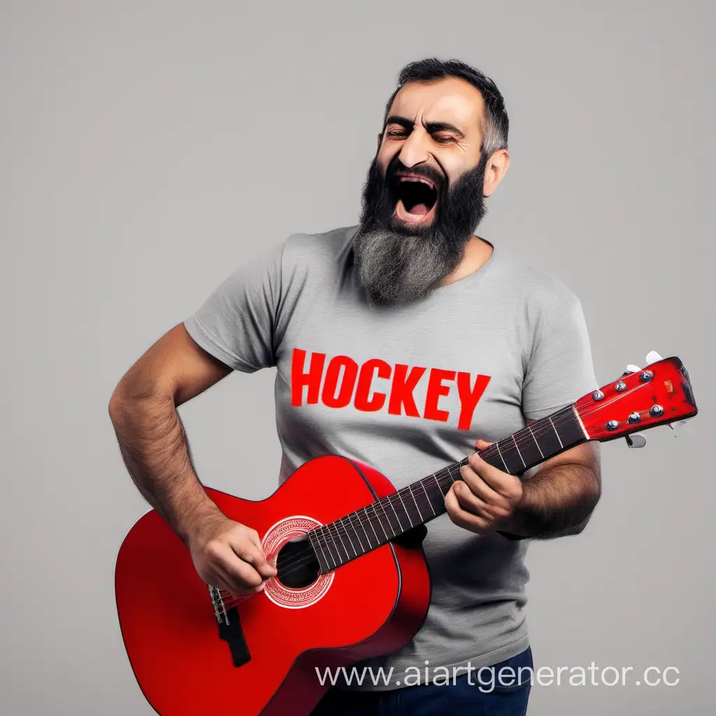 мужчина армянин с бородой. одет в серую футболку, на которой красным написано Hockey. играет на дорогой гитаре, поет с эмоциями