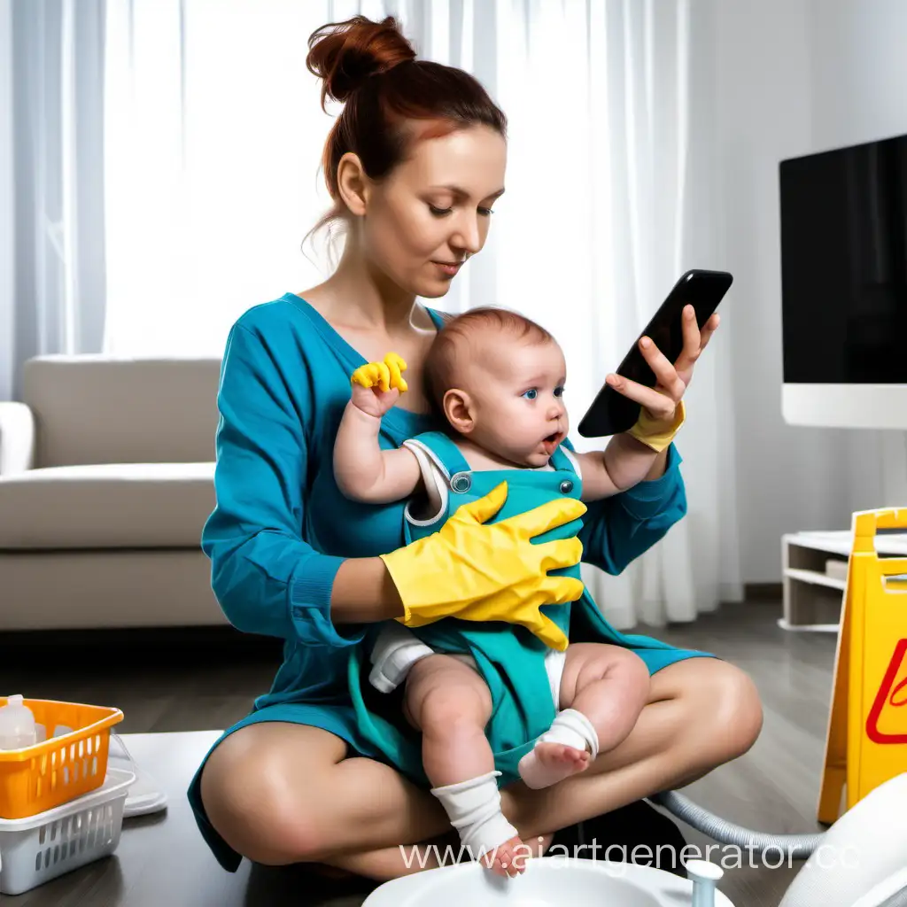 a woman who has many hands and performs many tasks: cleaning, feeding the baby, sitting on the phone