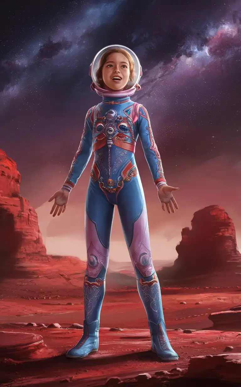 Soviet girl 12 years old in a beautiful bodysuit full-length on Mars under the starry sky