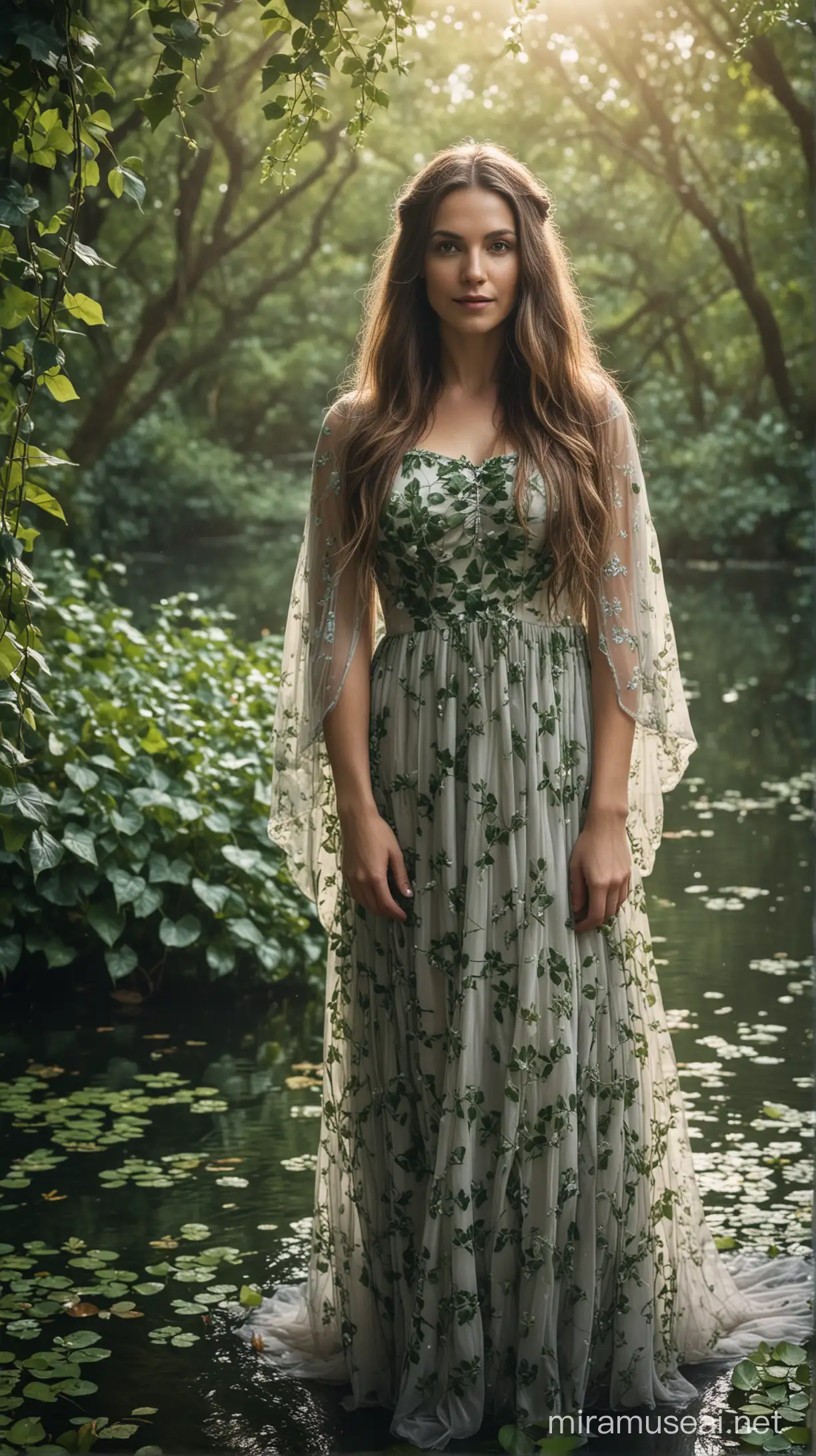 Serene IvyClad Woman in a Mythical Forest Pond Setting