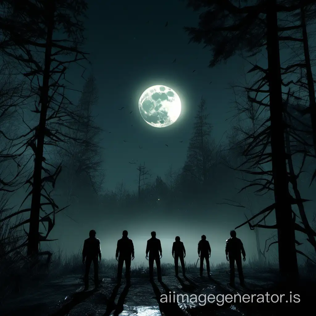 Three Alan Wakes in the background of the forest, the moon in the background, howling at the moon, each Alan Wake in front of the other