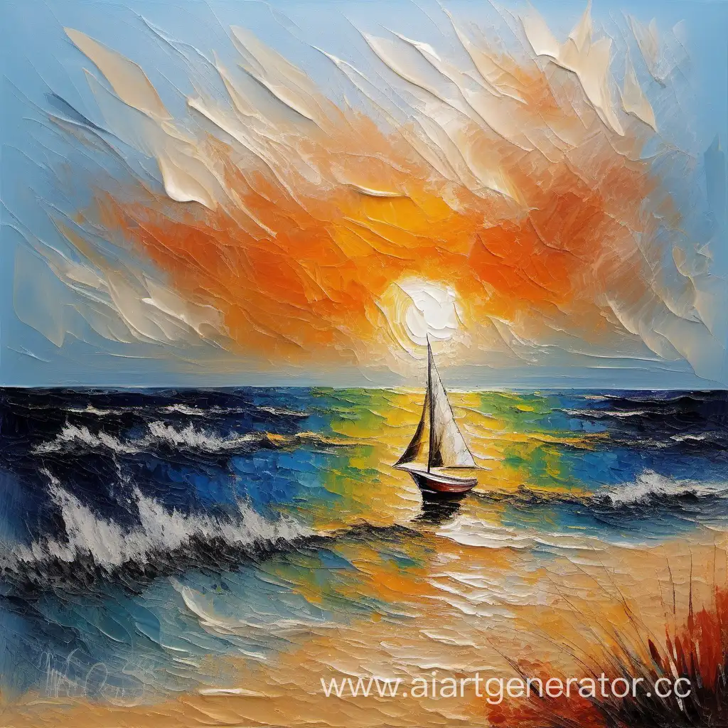Dawn-Seascape-with-Sailboat-Painting-with-Oil-and-Palette-Knife