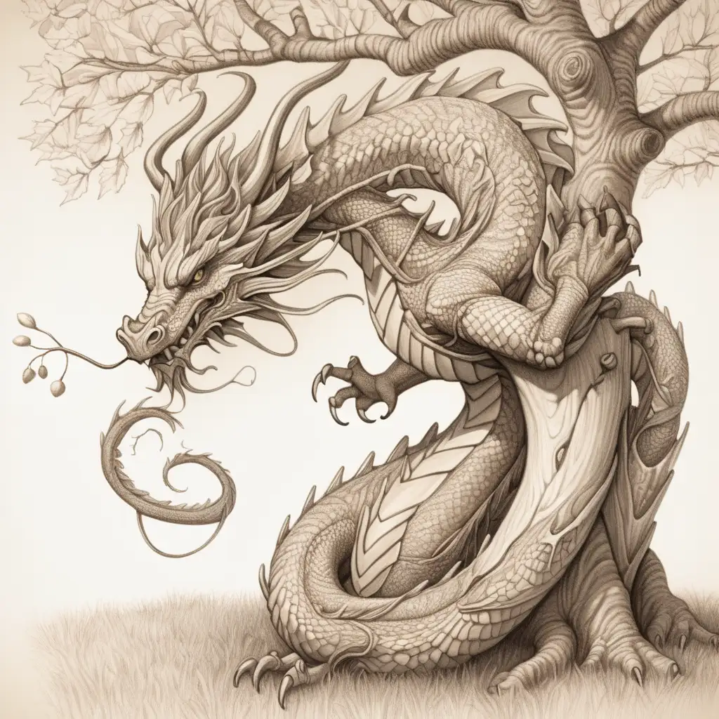 sylistic drawn dragon wrapped around a tree, the tree is a hawthorn, drawing is only lightly colored