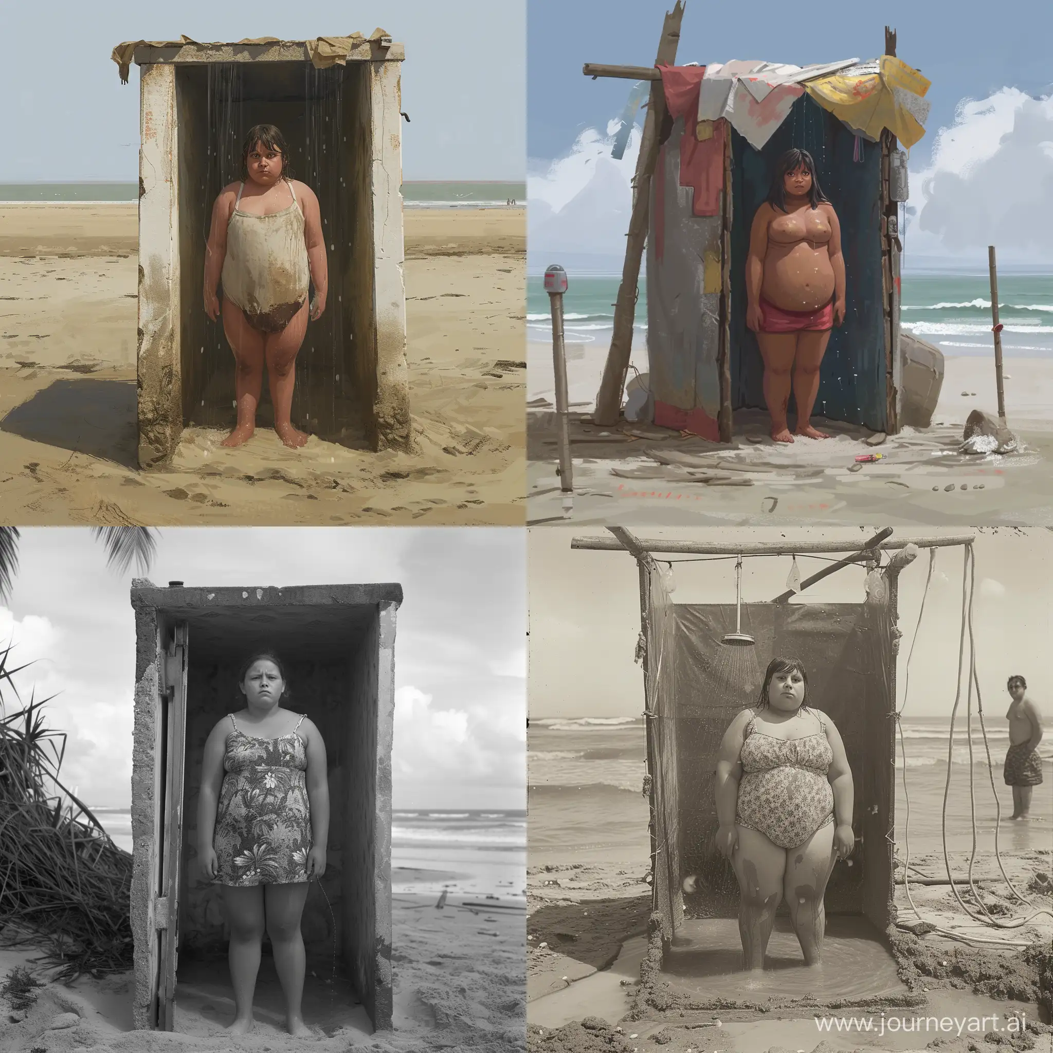 a girl standing full-length, she is of stout build, she is standing in a makeshift shower structure on the beach.
