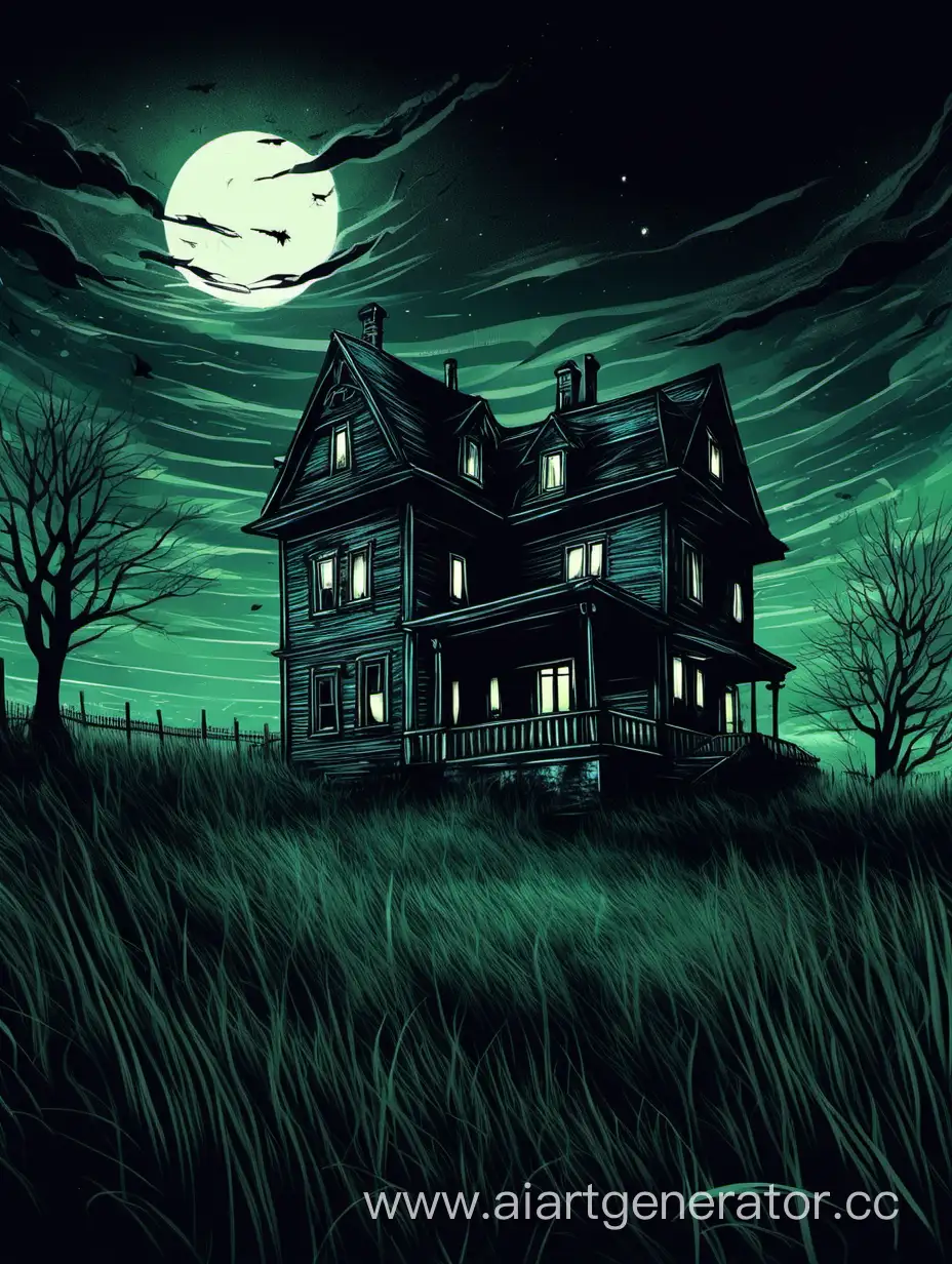 Дом стоит вдалеке. Ночь. Много травы. Иллюстрация. Зловещая атмосфера